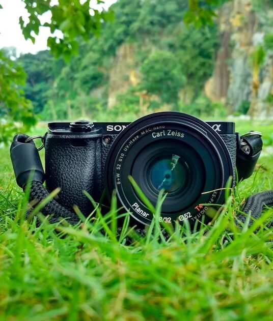 Camera with Carl Zeiss lens on grass, surrounded by nature and vibrant greenery.